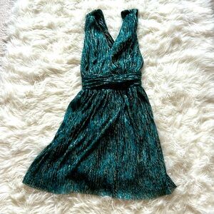 Lulus Ailey gold & teal blue skater dress, small